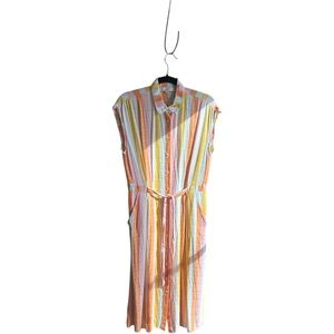LOFT orange pink gold white striped belted pocket midi shirtdress Sz 8